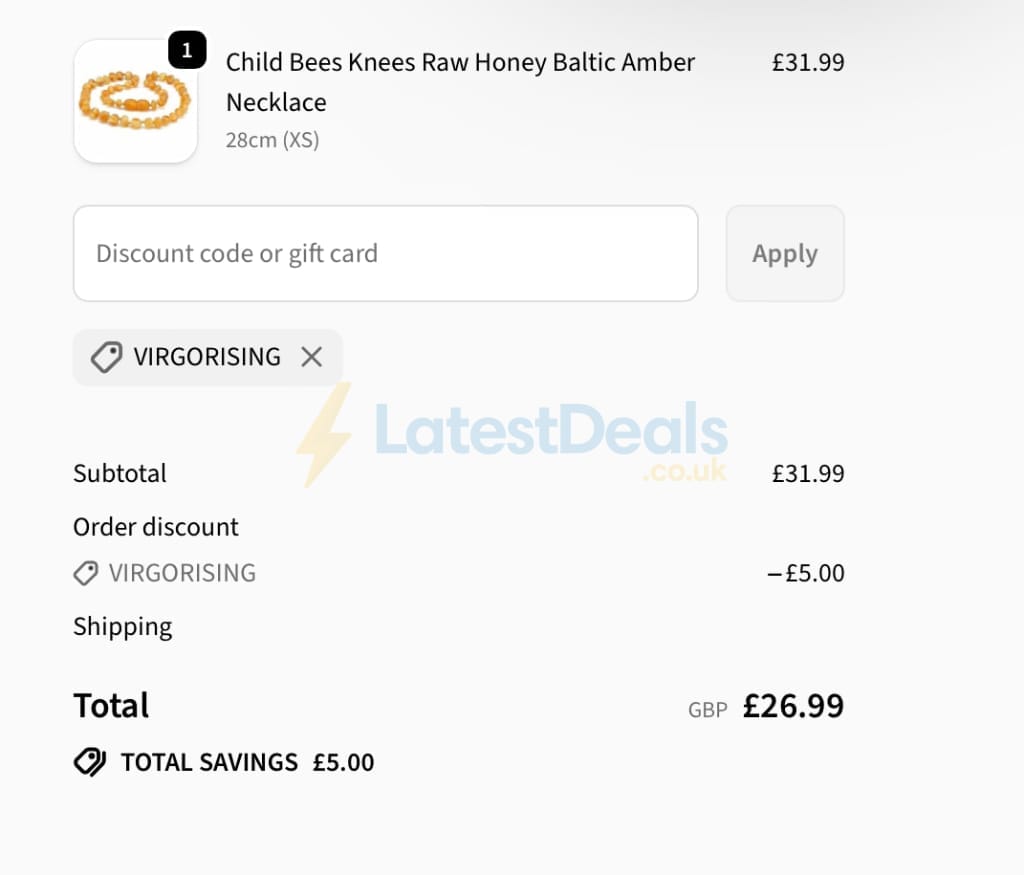 Screenshot of the Love Amber X discount code working