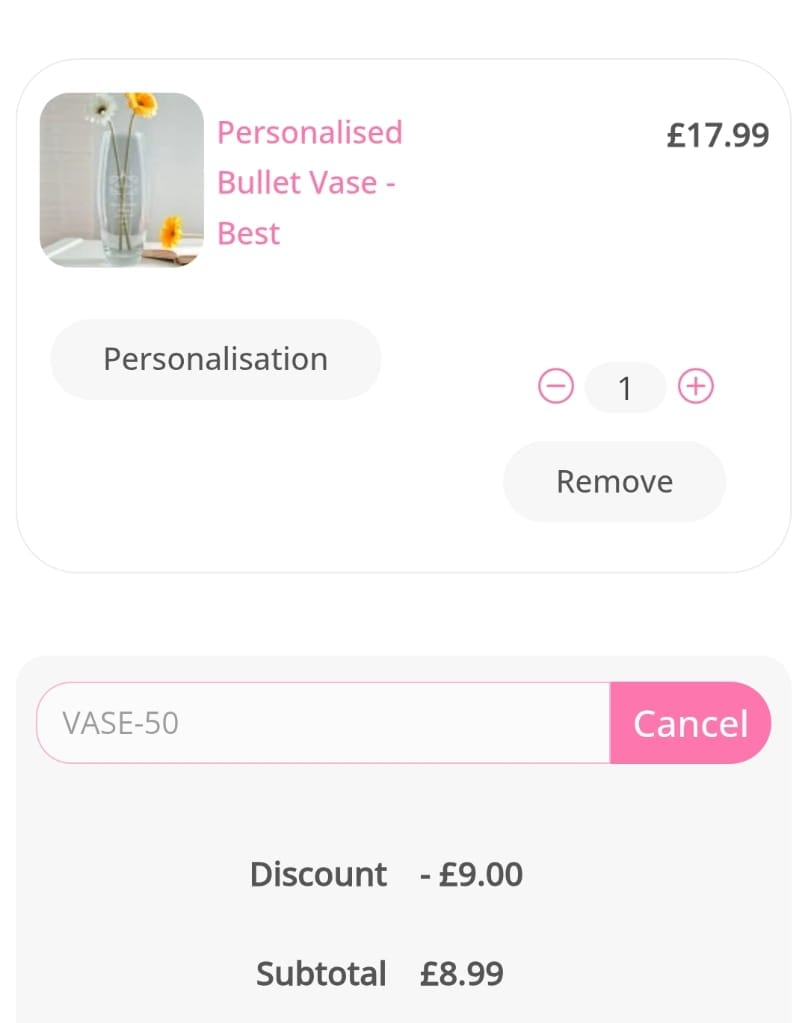 Screenshot of the Personalised Gifts Shop discount code working