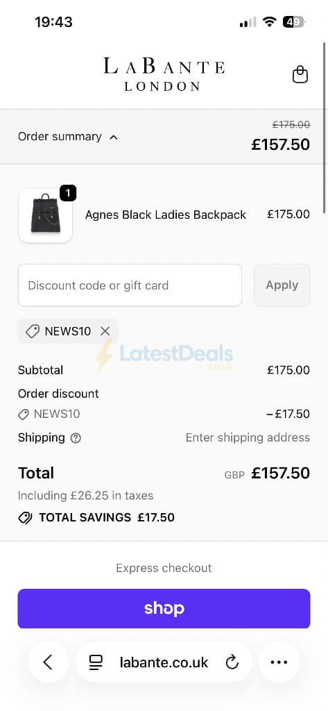 Screenshot of the Labante London discount code working