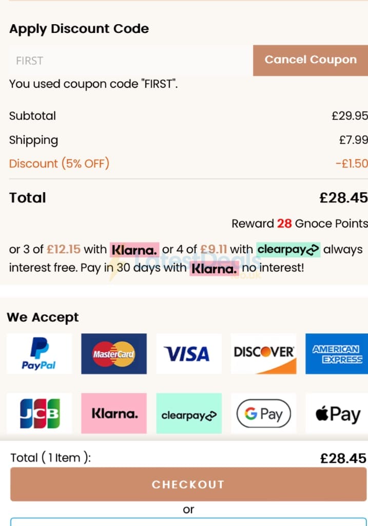 Screenshot of the Gnoce discount code working