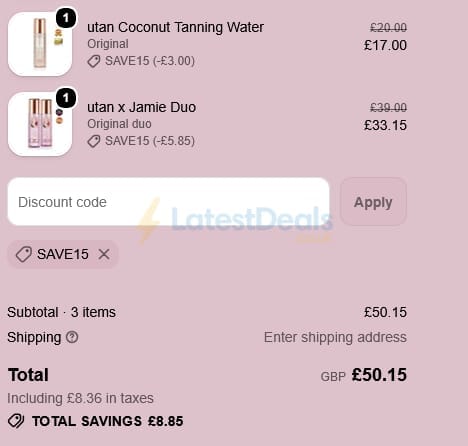 Screenshot of the Utan discount code working