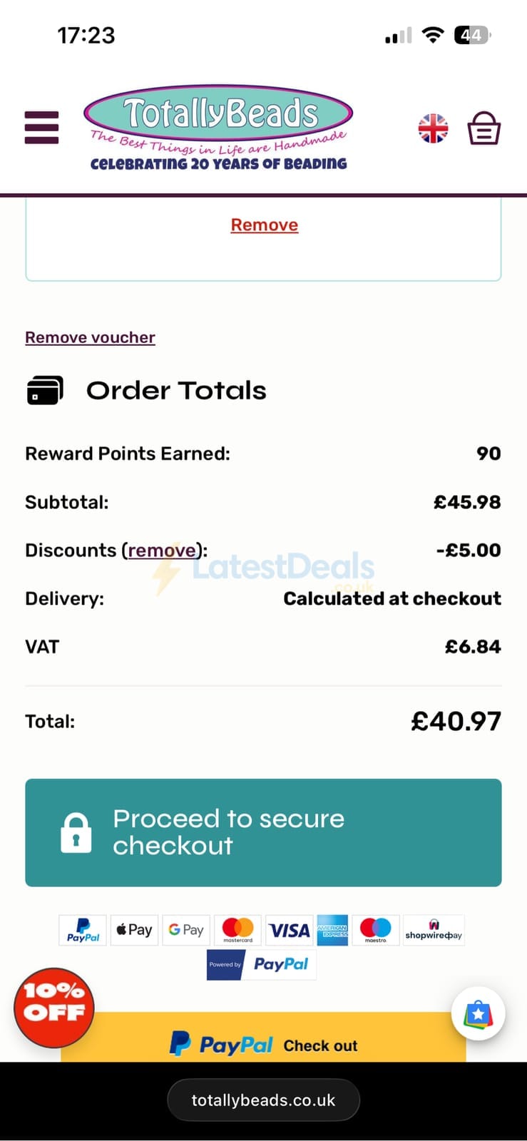 Screenshot of the Totally Beads discount code working