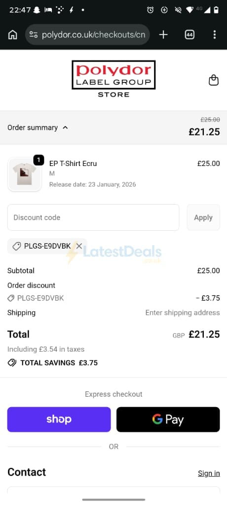 Screenshot of the Polydor Store UK discount code working