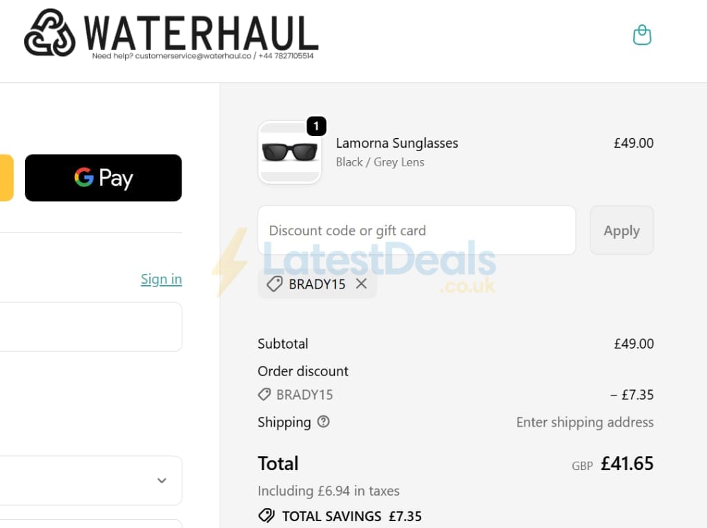 Screenshot of the Waterhaul discount code working