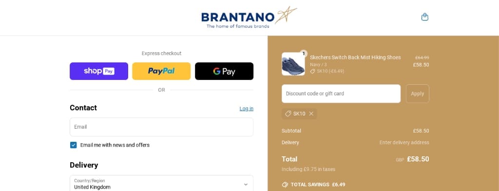 Screenshot of the Brantano discount code working