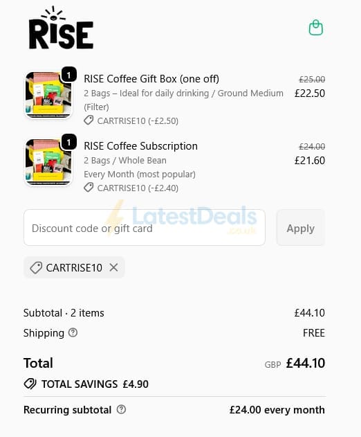 Screenshot of the RISE discount code working