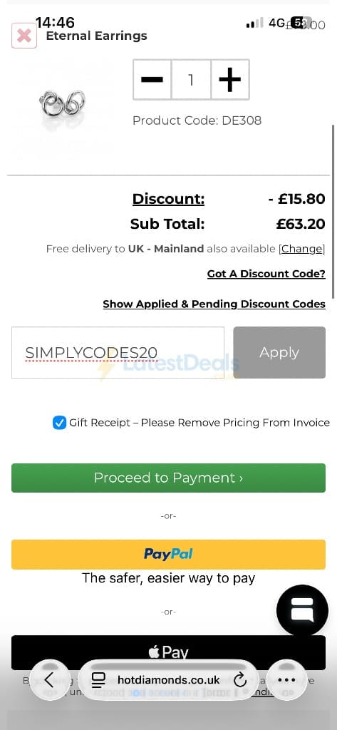 Screenshot of the Hot Diamonds discount code working