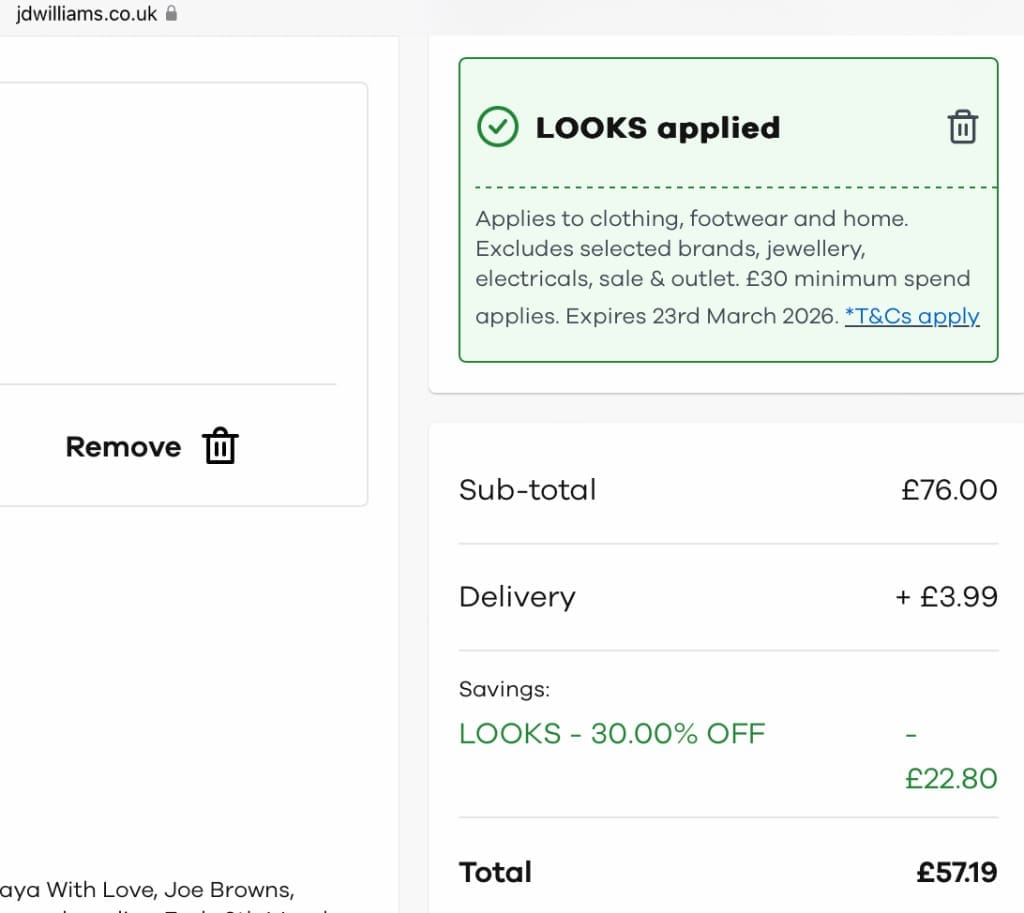 Screenshot of the JD Williams discount code working