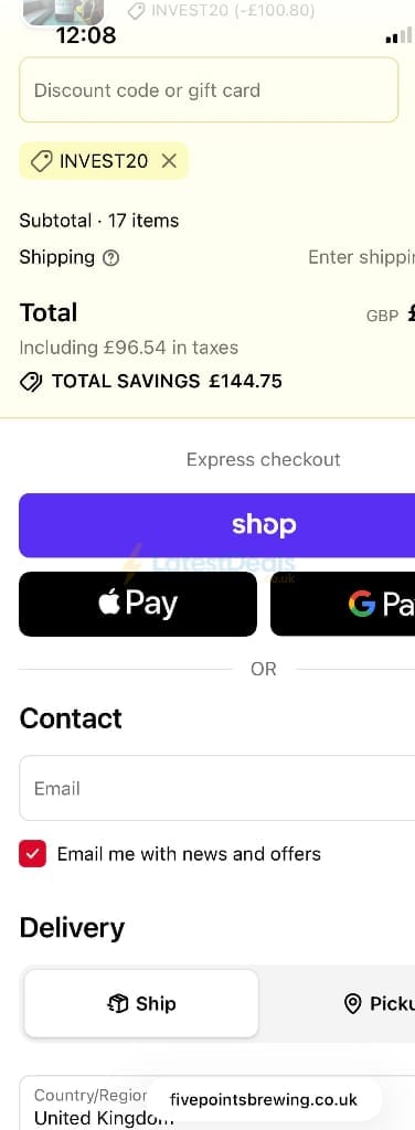 Screenshot of the The Five Points Brewing Company discount code working