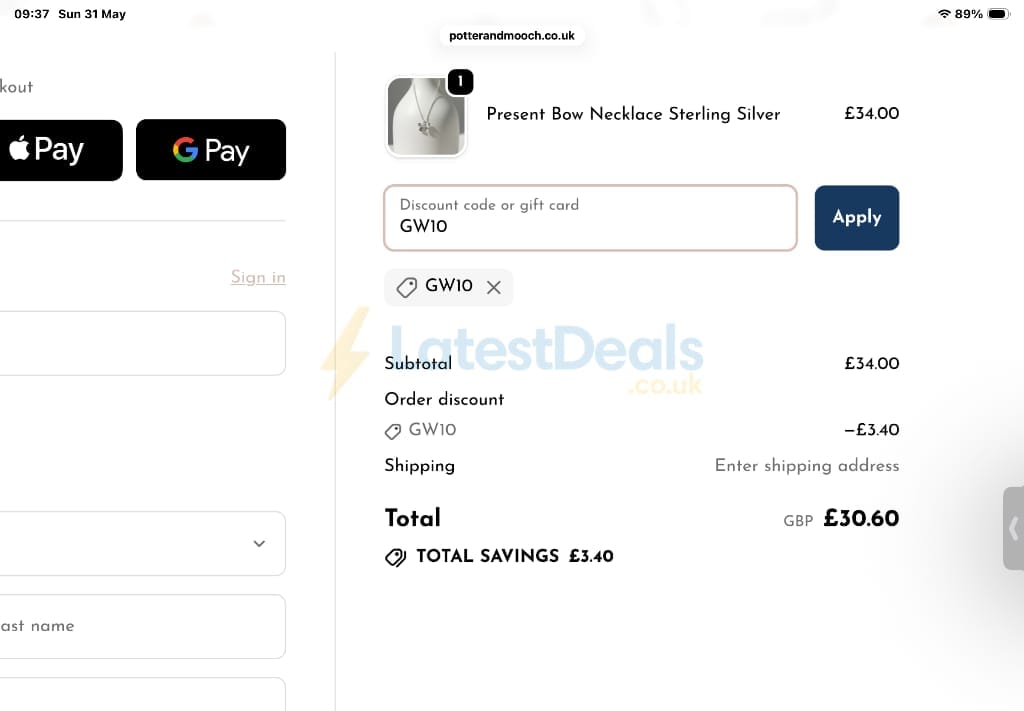 Screenshot of the Potter & Mooch discount code working
