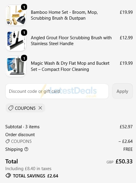 Screenshot of the The Dustpan and Brush Store discount code working