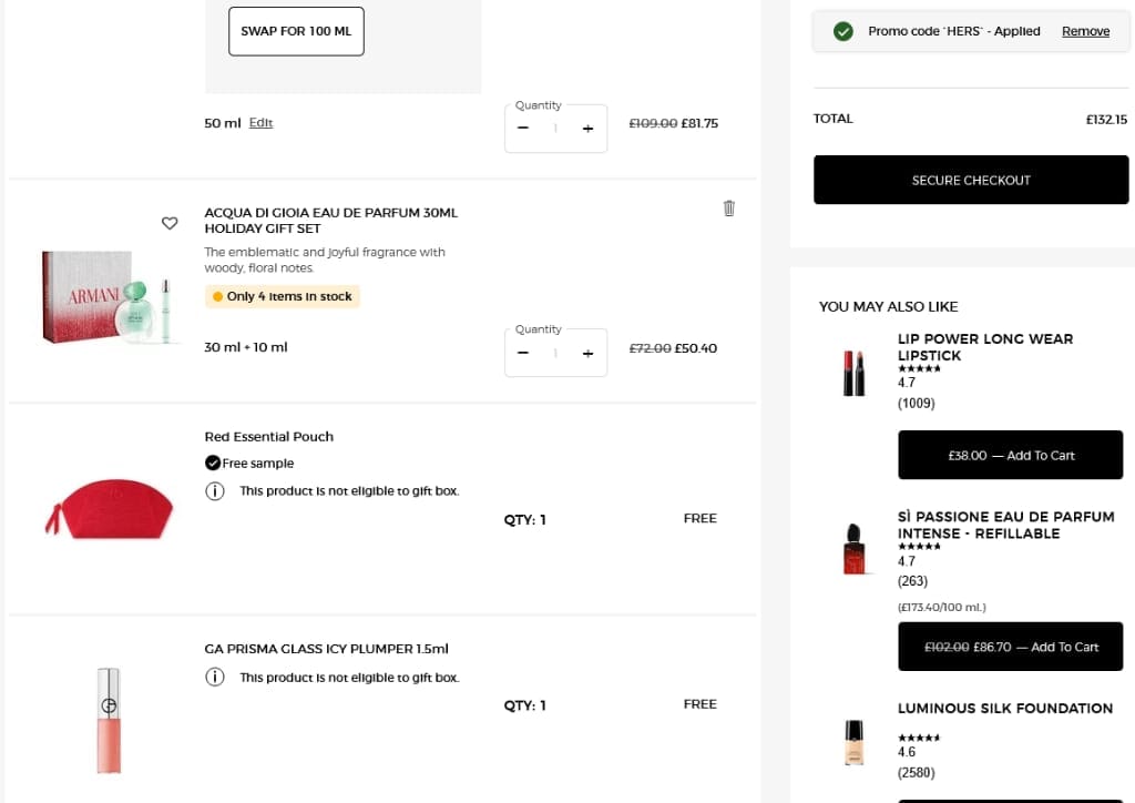 Screenshot of the Armani Beauty discount code working