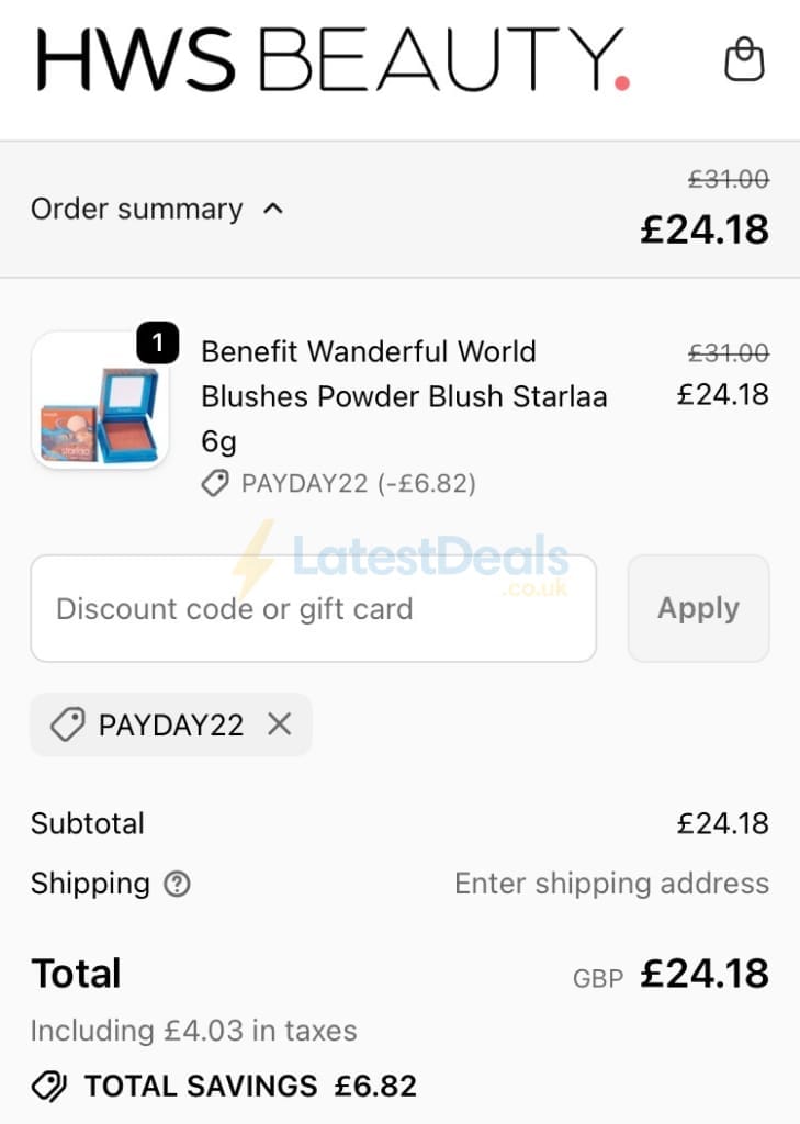 Screenshot of the HWS Beauty discount code working