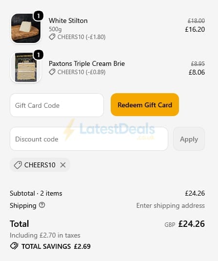 Screenshot of the Paxton & Whitfield discount code working