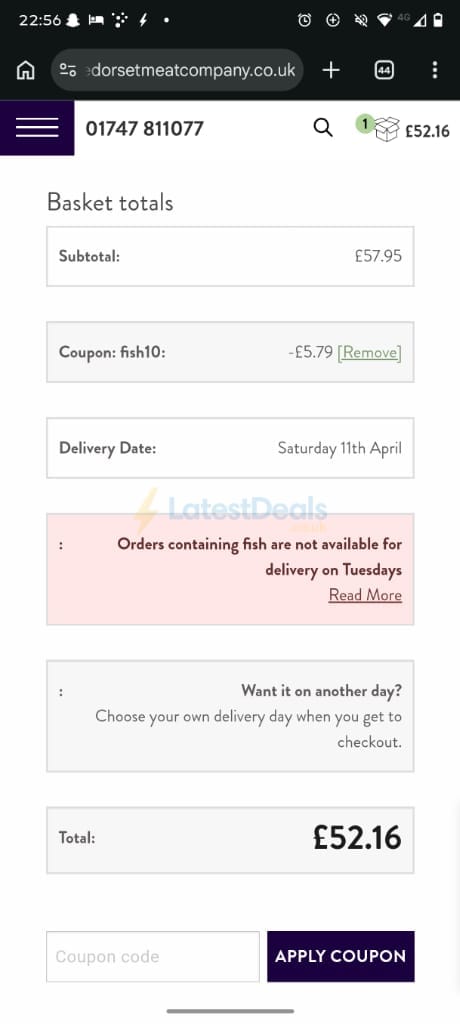 Screenshot of the The Dorset Meat Company discount code working
