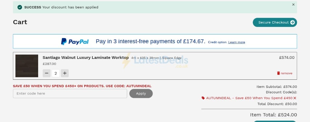 Screenshot of the Worktop Express discount code working