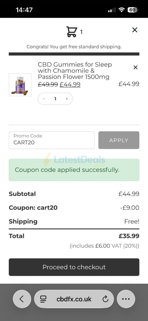 Screenshot of the CBDFX discount code working