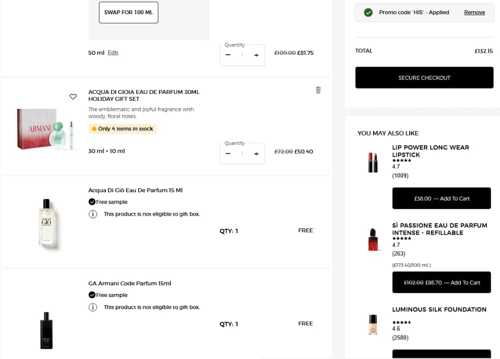 Screenshot of the Armani Beauty discount code working