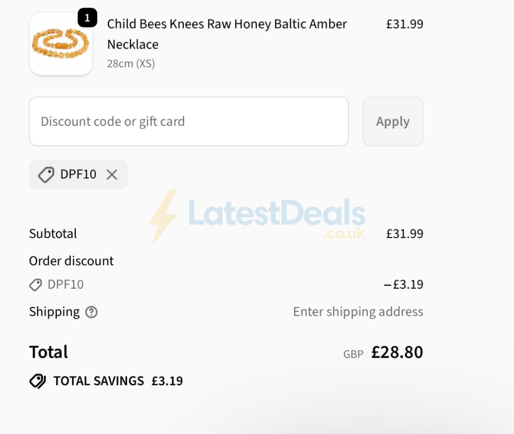 Screenshot of the Love Amber X discount code working