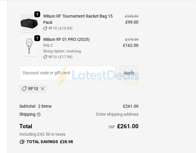 Screenshot of the All Things Tennis discount code working