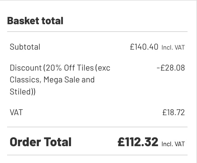Screenshot of the Tile Giant discount code working