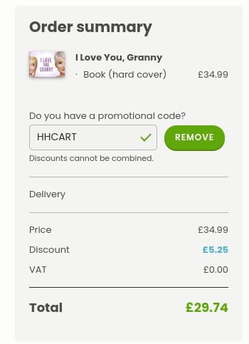 Screenshot of the Hooray Heroes discount code working