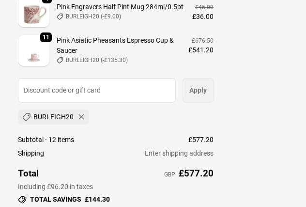 Screenshot of the Burleigh discount code working