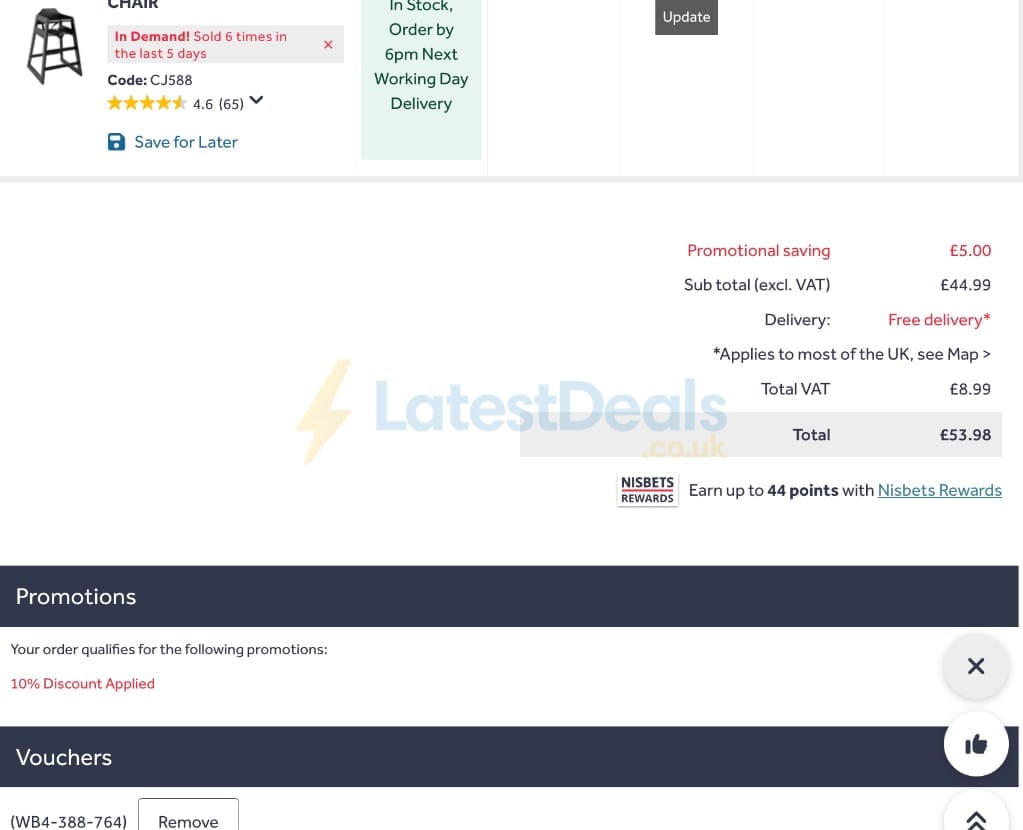 Screenshot of the Nisbets discount code working