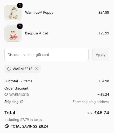 Screenshot of the Warmies discount code working