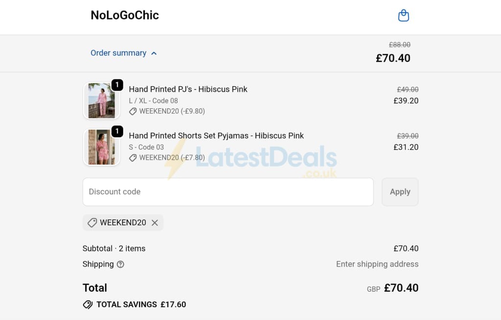Screenshot of the NoLoGoChic discount code working