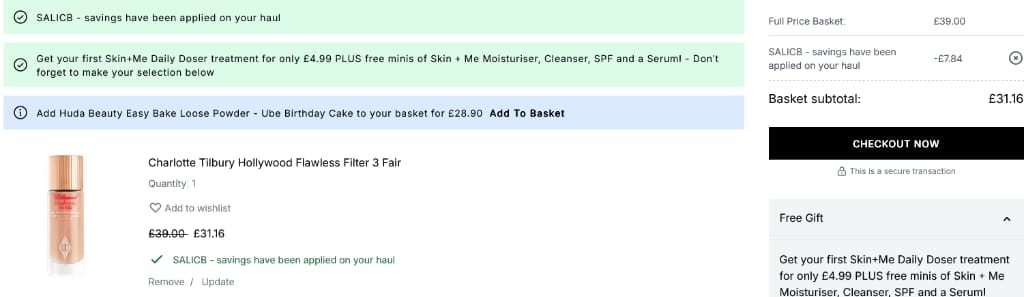 Screenshot of the Cult Beauty discount code working