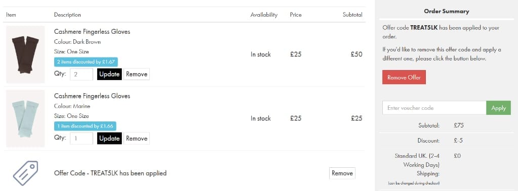 Screenshot of the Turtle Doves discount code working