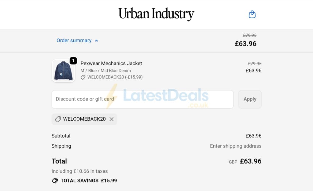 Screenshot of the Urbanindustry discount code working