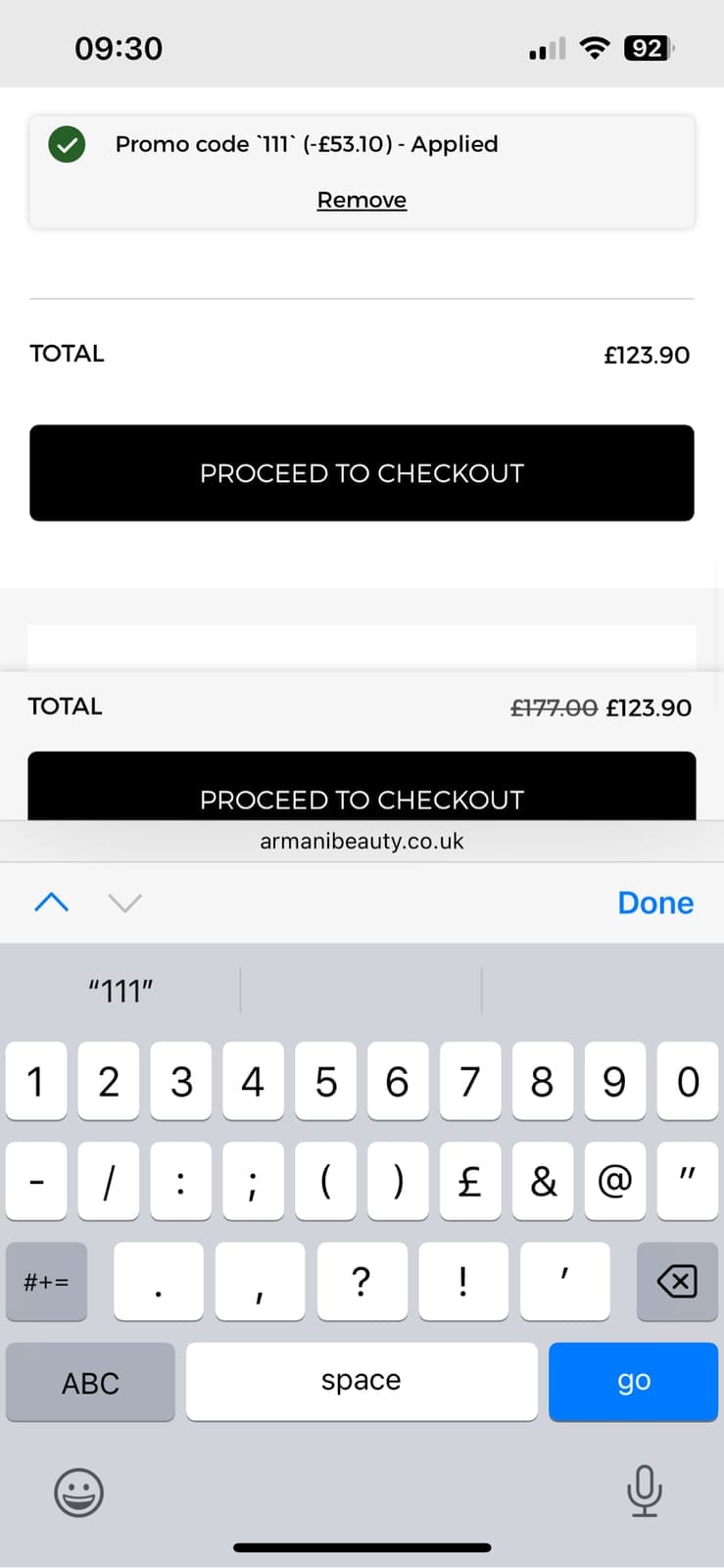Screenshot of the Armani Beauty discount code working