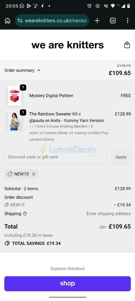 Screenshot of the We Are Knitters discount code working