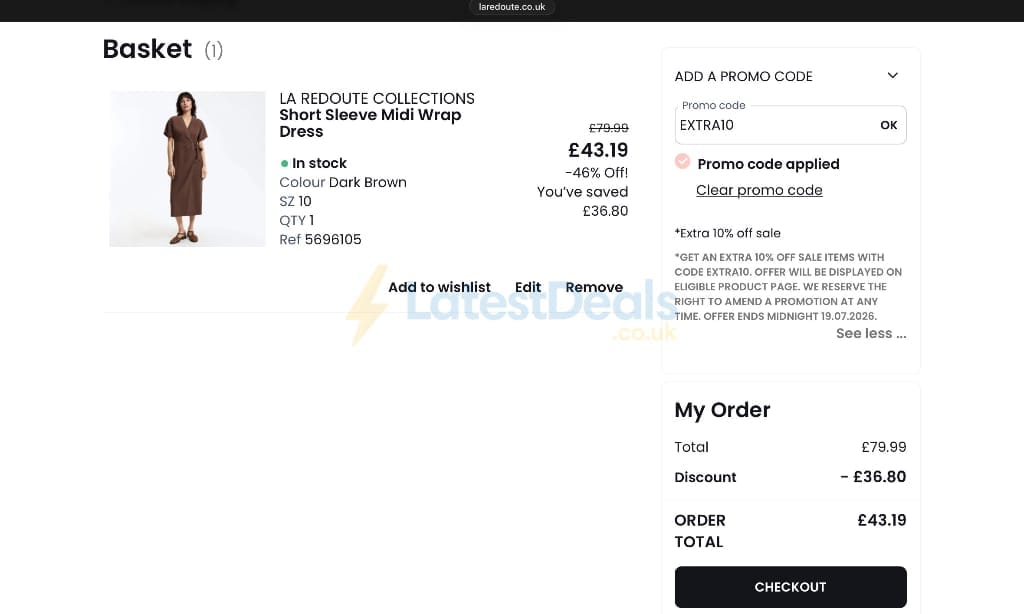 Screenshot of the La Redoute discount code working