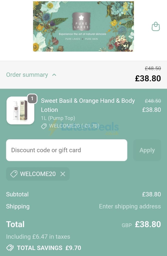 Screenshot of the Pure Lakes discount code working