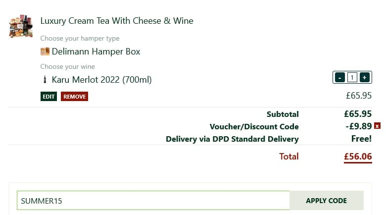 Screenshot of the Delimann discount code working