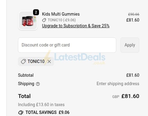 Screenshot of the Tonic Health discount code working