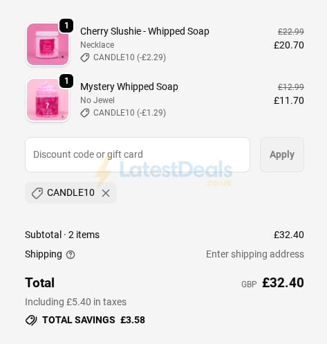 Screenshot of the Imperial Candles discount code working