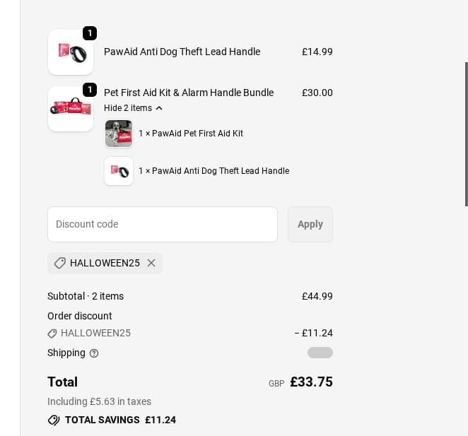 Screenshot of the PawAid discount code working