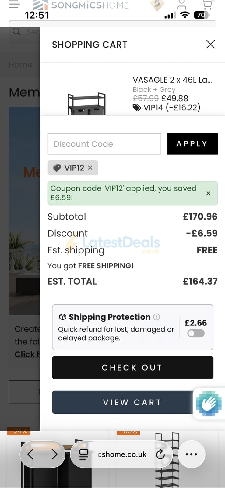 Screenshot of the Songmics discount code working