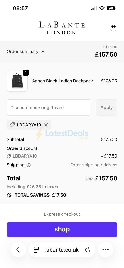Screenshot of the Labante London discount code working