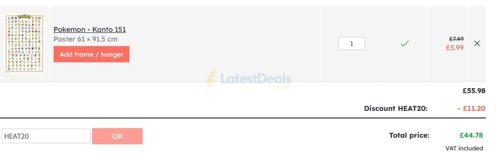 Screenshot of the UKposters discount code working