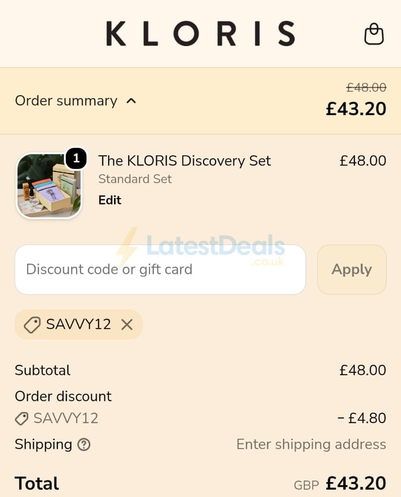 Screenshot of the Kloris discount code working