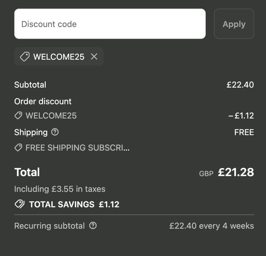 Screenshot of the Humantra discount code working