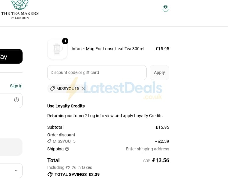 Screenshot of the The Tea Makers discount code working