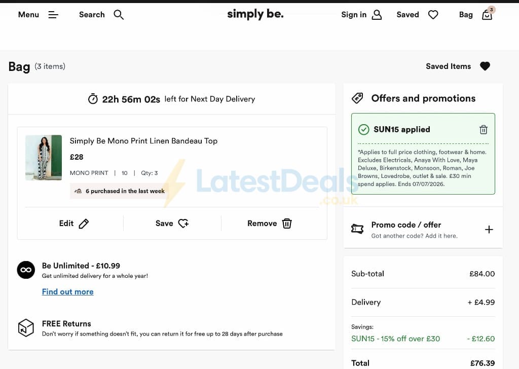 Screenshot of the Simply Be discount code working