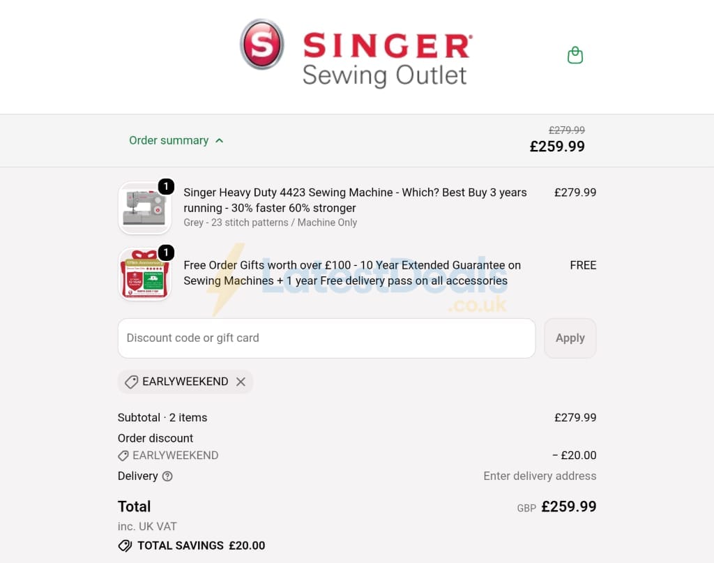 Screenshot of the Singer Sewing Outlet discount code working