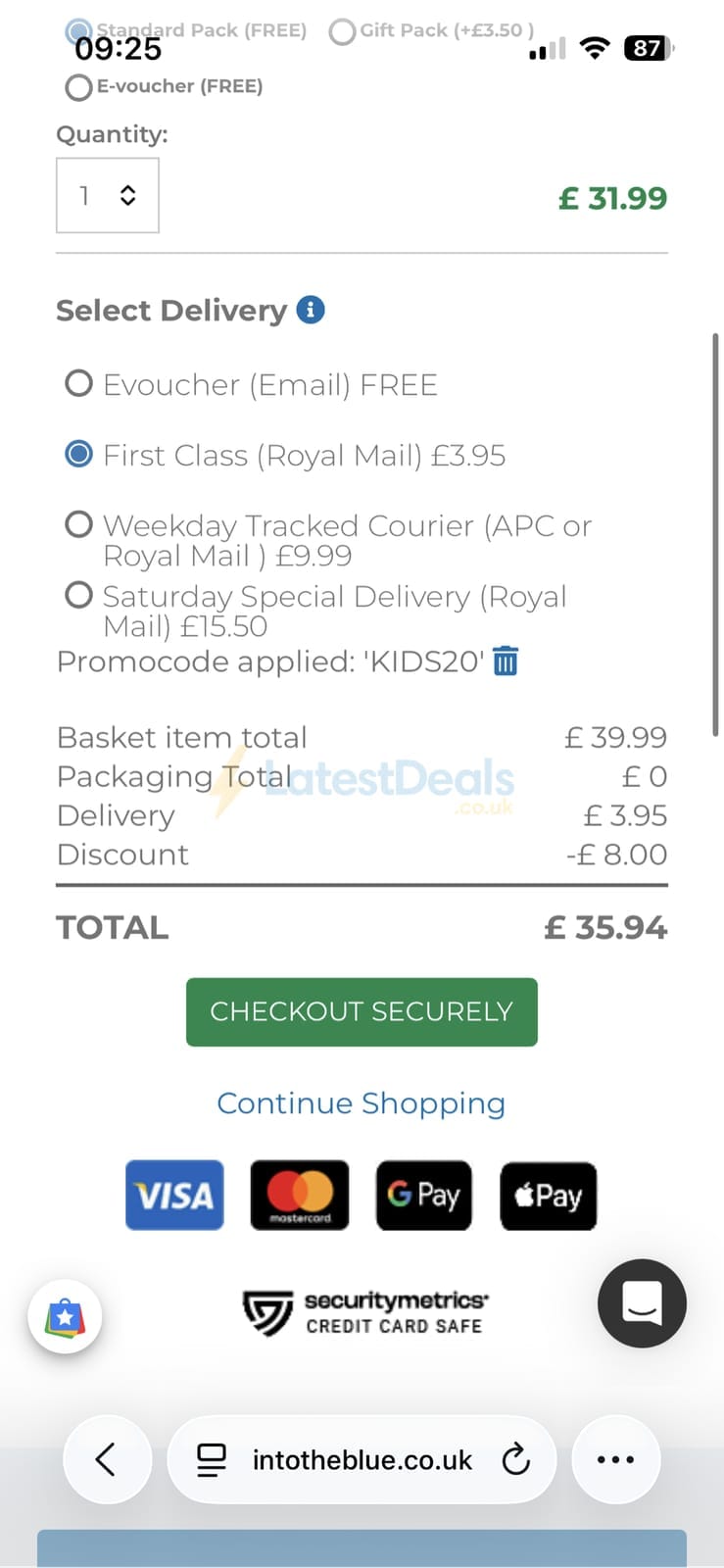 Screenshot of the Into The Blue discount code working